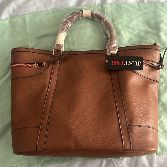 JustFab Large Tote. Cognac Color With Black And White Striped Interior - Picture 6 of 7